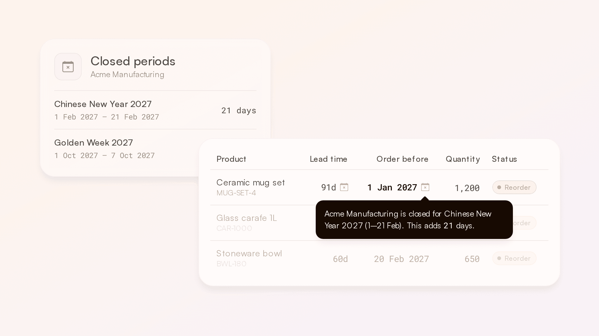 A supplier's Closed Periods card in Rewize listing Chinese New Year, with an order-before date moved earlier because of it
