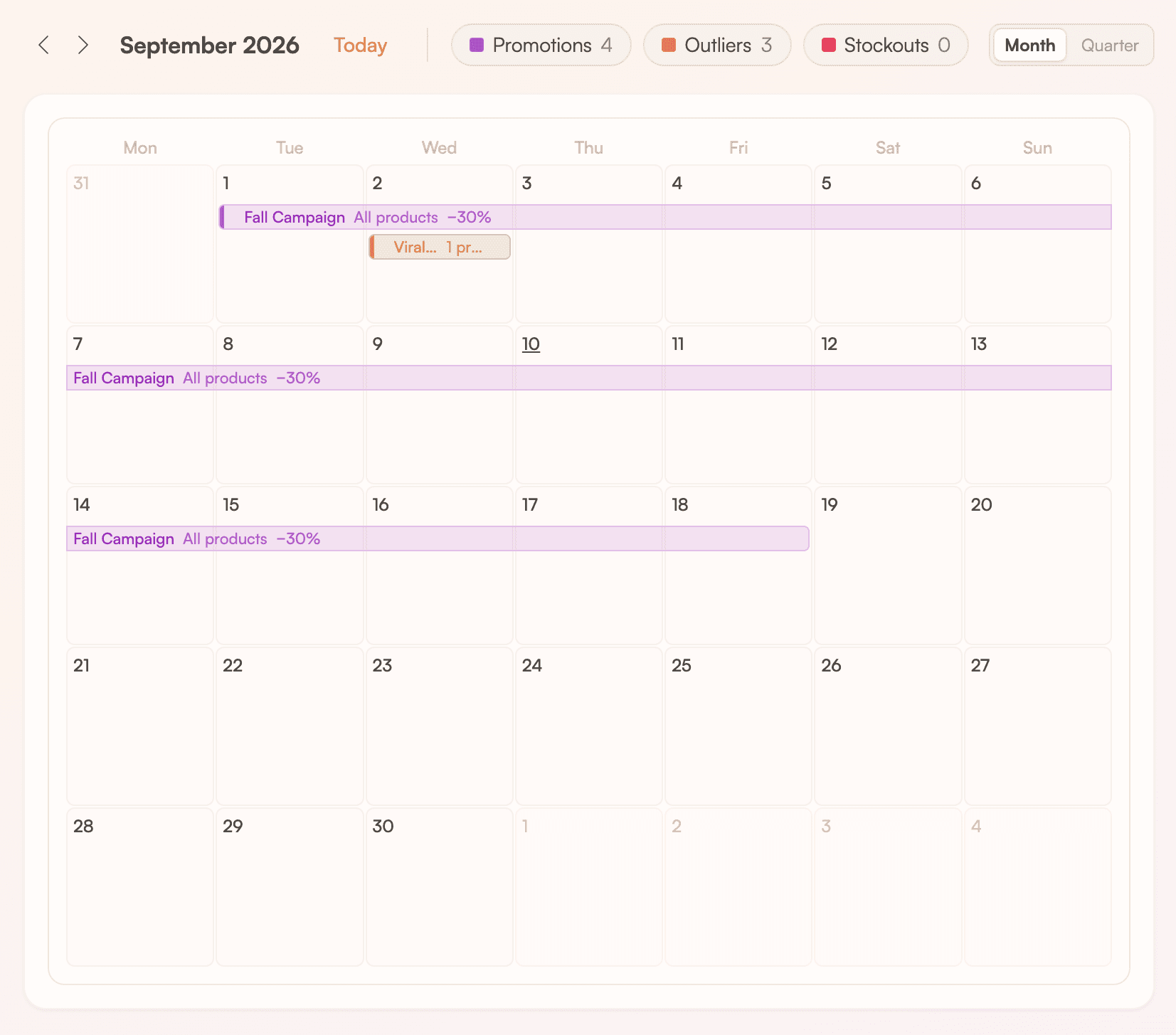 The Marketing calendar for September: a Fall Campaign running at 30% off across three weeks, and an outlier marked 'Viral post' on one product